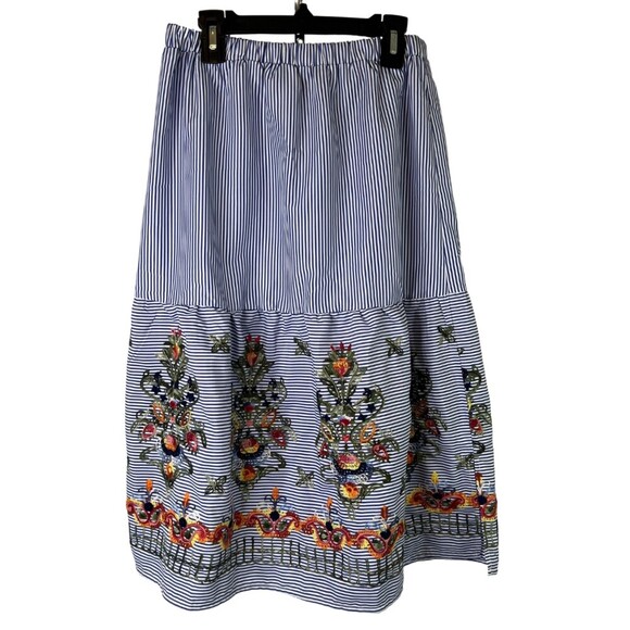 MAGIC Striped Floral Aline Embroidered Elastic Waist Midi Boho Skirt Size Small - Picture 1 of 10